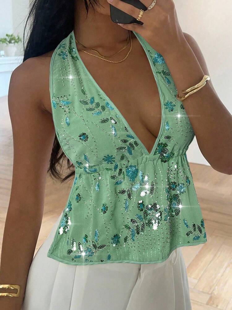 Serisse Áo ba lỗ hở lưng thêu sequin mới mùa hè dành cho nữ - màu xanh lá - Xem 4