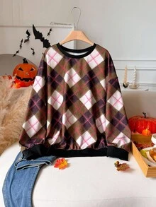 CosyJoli Hanorac cu guler rotund, stil retro în carouri, mărime plus - Multicolor - Vizualizare 3