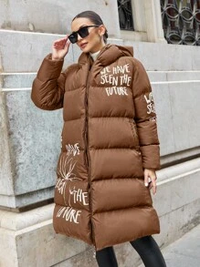 EURMUSE Plus Size Winter Casual Warm Letter Print Zip-Up Hooded Padded Coat - Brown - View 4