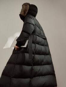 DAZY Women's Fashionable Fur Collar Hooded Jacket With Belt, Winter Long Puffer Coat Women Long Winter Coat Women Puffer Coat With Belt Winter Coat With Fur Hood Long Black Puffer Coat