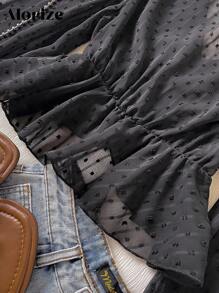 1pc Girls' V-Neck Long Sleeve Chiffon Cutout Blouse, Waist Cinched, Casual Vacation Shirt For Autumn - Black - View 3