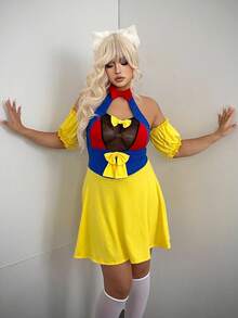 Sunspun 服装逃亡公主可爱性感泡泡袖蝴蝶结短款连衣裙 - 黃色 - 查看 3