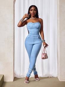 Slaydiva Women's Casual Sexy Backless Strap Tight Denim Jumpsuit, Summer - Blue - View 4