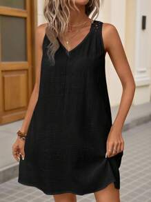 Brillora Summer Boho Solid Hollow Out Black Tank Dress