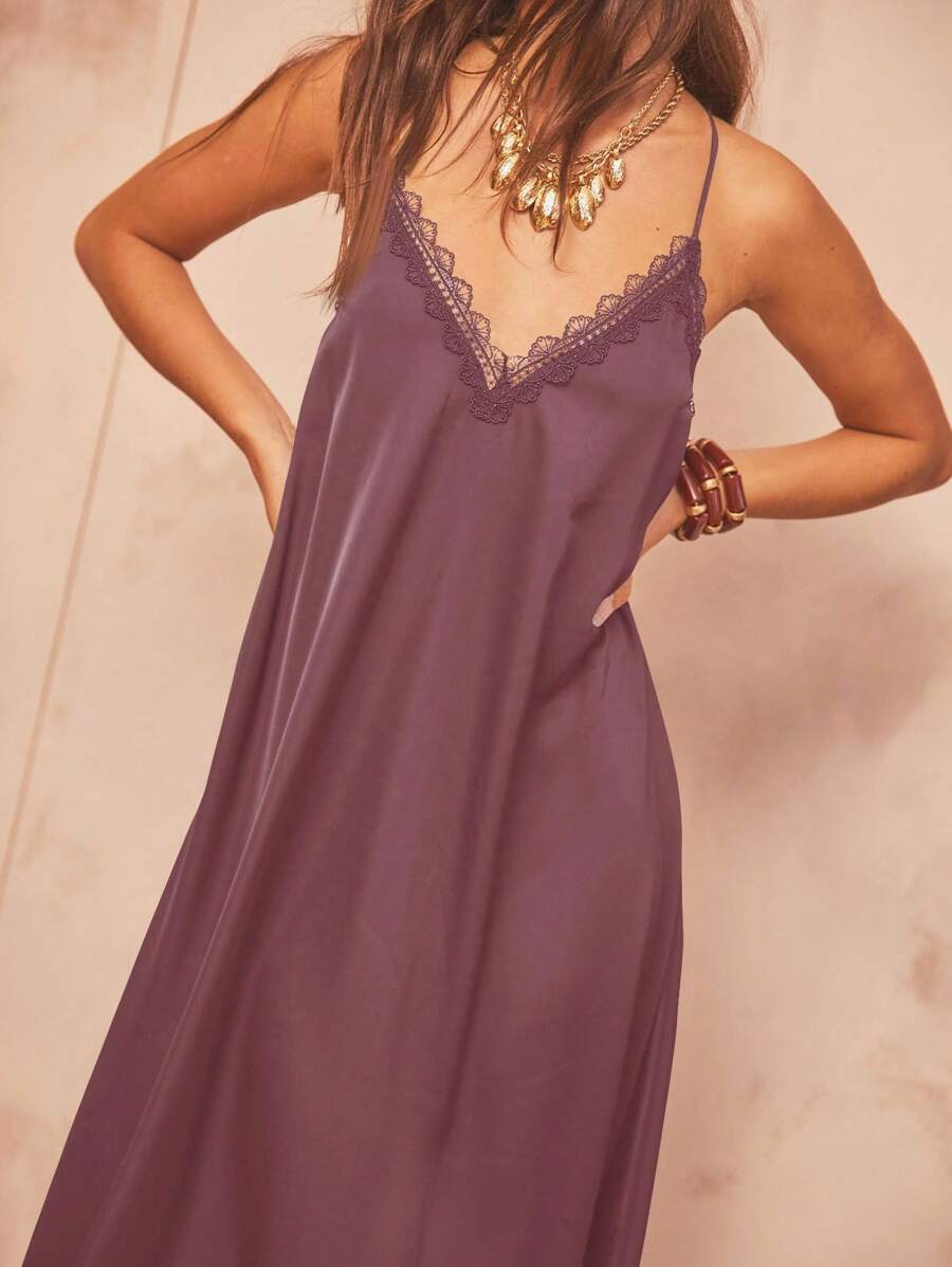 Aralina Váy maxi dài thanh lịch bằng vải satin, dây mảnh, viền ren - Màu tím - Xem 1