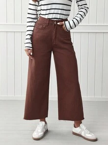 EMERY ROSE Women Solid Color Casual Wide Leg Jeans For Daily Wear - Coffee Brown - View 1