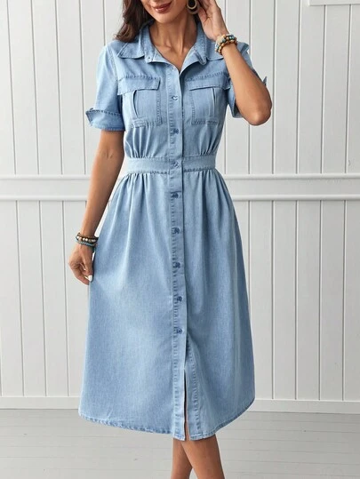 EMERY ROSE 女士纽扣领、短袖、褶皱肩带、休闲牛仔连衣裙