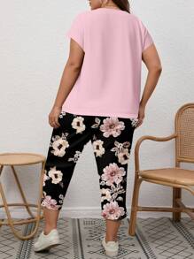 EMERY ROSE 2 件加大码套装：粉色露肩上衣 T 恤和花卉印花裤，适合春夏季，度假装女士度假装女士夏季套装，2 件夏季服装 - 彩色 - 查看 8