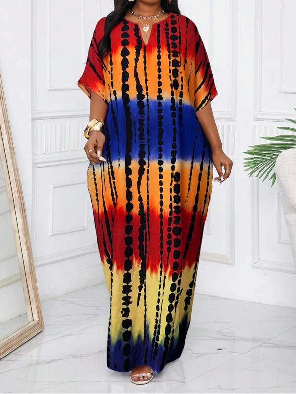 SHEIN Lady 2025 Nouvelle Arrivée Robe Imprimée à Rayures Colorées Tie-Dye grande taille, Convient pour l'Été, Robe d'Été, Robe d'Été pour Femmes, Robe Maxi
