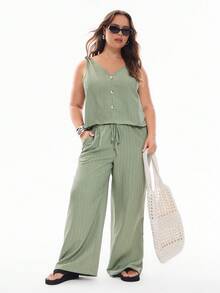 Solavibe Plus Size 2pcs Set: Textured Twist Front Tank Top Shirt And Straight Leg Casual Pants, Holiday