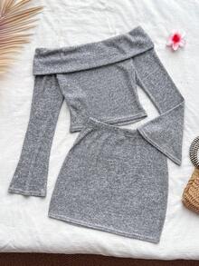 少女休闲露肩T恤和迷你裙套装，浅灰色 - 灰色 - 查看 2