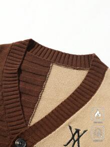 Manfinity Hypemode Plus Size Men's Colorblock V-Neck Button Front Long Sleeve Cardigan , Fall Winter - Brown - View 4