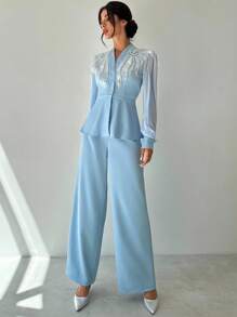 Firerie 女士优雅、精致、浪漫、端庄的日常通勤、约会、派对、返校、老师、度假珍珠和水钻装饰收腰雪纺灯笼袖夹克和高腰阔腿裤蓝色 2 件套 - 藍色 - 查看 4