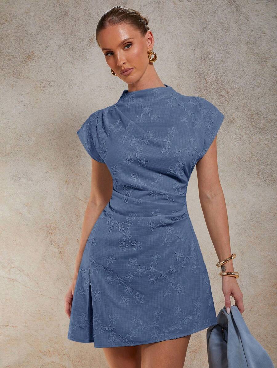 COSMINA Women's Elegant Solid Color Floral Embroidery Mini Dress, Summer - Blue - View 1