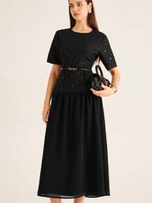 Aveloria Rosie Pailletten-Stickerei, Tweed-Chiffon-Patchwork elegantes Design, schlanke Passform Langkleid - Schwarz - Übersicht 6