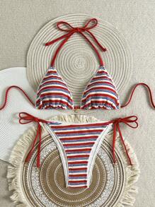 Swim Vcay Women's 2-Piece Textured Fabric Halter Neck Lace Trim Shell Decor Bikini Set Set, Sexy & Minimalist, Summer Beach Wear - Multicolor - View 3
