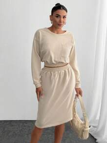 EURMUSE Bộ đồ liền thân hai mảnh màu trơn dành cho nữ, áo nỉ và chân váy - Màu be - Xem 3