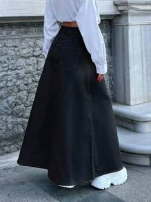 EURMUSE 100% Cotton A-LINE BLACK DENIM SKIRT - Black - View 2