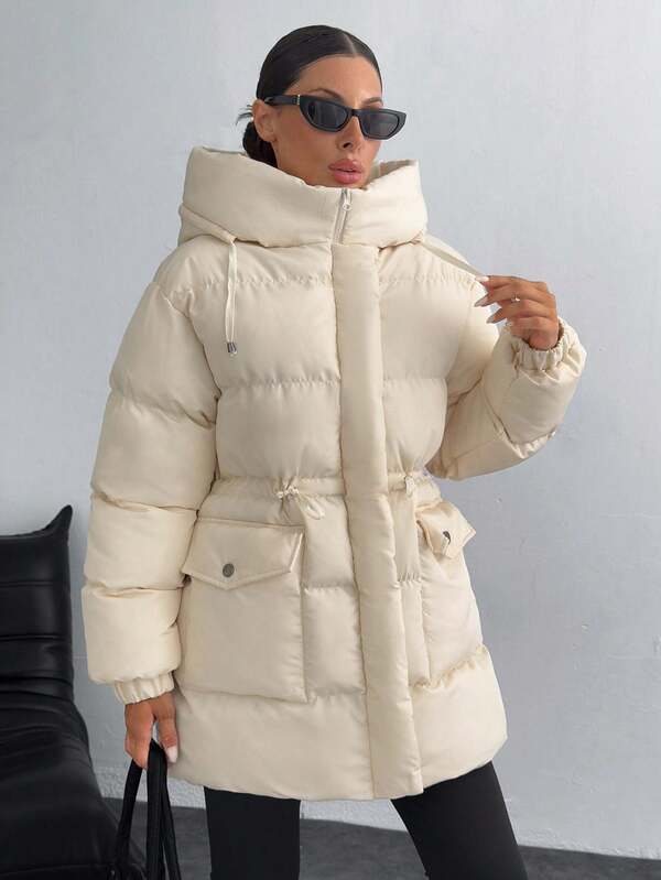 EURMUSE Women's Solid Inner Drawstring Patch Pocket Elegant Winter Coat