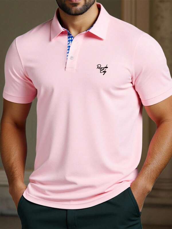 Manfinity Homme Plus Size Men's Casual Letter Embroidered Polo Shirt, Summer