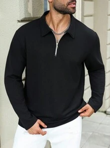 Manfinity Homme 男士大尺碼休閒四分之一拉鍊黑色 Polo 衫，秋季長袖上衣，正式款 - 黑色 - 查看 3