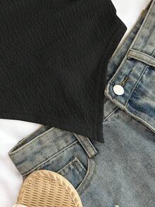 SHEIN 青少年女孩黑色單肩海星上衣，夏季海灘度假假日不對稱領紋理日常穿搭 - 黑色 - 查看 6