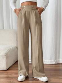 SHEIN Frenchy 女士大码休闲黑色裤，日常通勤户外必备，金属纽扣装饰，功能性口袋，2025新款时尚日常黑色裤