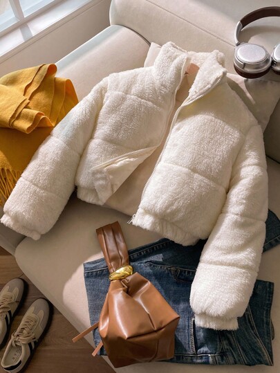 Tween Girls' Solid Color Fluffy Thick Waist Drawstring Hooded Jacket, Dirt-Resistant Stylish Street Wear For Outdoor Activities & Daily Use, Winter Y2K White Padded Coat Fall