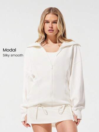 GLOWMODE Softserene Modal Chill Days Oversized Silky Smooth Breathable Wide Collar Drawstring Hem Zip-Up Jacket Daily Casual Wear Fall Winter