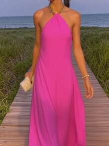 INAWLY Women's Fashion Casual Elegant Sexy Romantic Backless Halter Sleeveless Dress, Suitable For Vacation - Hot Pink - View 3