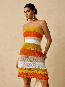 SHEIN VCAY Plus Size Contrast Color Knit Sweater Strapless Dress For Woman,Boho Yellow Orange Beach Cover Up,Tropical Holiday Vacation Autumn Winter Clothes - Orange - View 5