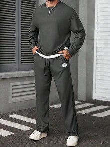 Manfinity Homme Men's Crew Neck Drop Shoulder Long Sleeve Casual Loose Pullover Sweatshirt & Pants Two Pieces Jogging Set, 2 Pieces Sweatsuit, Co-Ord Set, Fall Clothes, Cozy Outfits - Grey - View 4