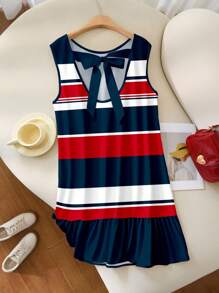 Veykashi 休闲度假风格航海红蓝白条纹网球裙，运动风格女式印花迷你连衣裙适合夏季度假，学院风大码条纹连衣裙 - 彩色 - 查看 8