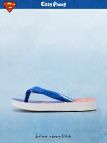 SUPERMAN X Cozy Pixies 1 Pair Summer Print Non-Slip Breathable Round Toe Flip Flops Toddler/Kids Beach Sandals - Blue - View 6