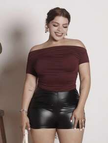 Lupita Cardoza 女士优雅纯色不对称领口褶皱 T 恤 - 酒紅色 - 查看 6