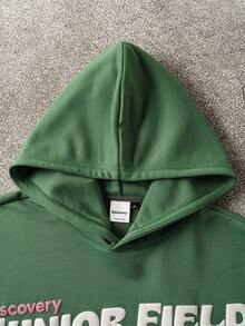 Discovery X SHEIN Men's Letter & Butterfly Pattern Long Sleeve Hoodie Sweatshirt , Fall - Green - View 3