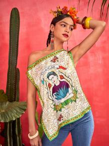Frida Kahlo X SHEIN بلوزة جرافيك شخص ياقة غير متماثل