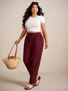 Elaquor Plus Size Women's Casual Solid Color Loose Drawstring Pants - Burgundy - View 5