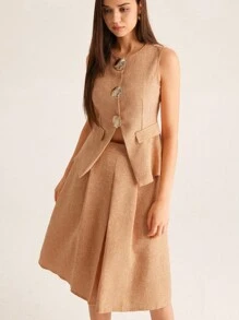 BELROSIE Set di 2 pezzi in stile britannico, composto da top in tweed da pendolare e gonna midi plissettata, con decorazione in metallo a forma di conchiglia per le donne - Arancione - Visualizzare 3