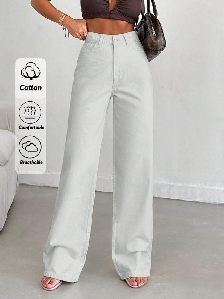 EURMUSE 100%Cotton Women's Pocket Straight Loose Casual Versatile Jeans - White - View 1