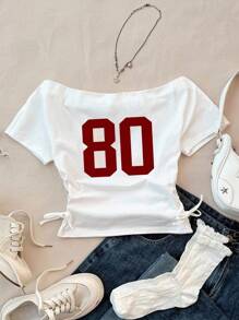 少女休闲露脐上衣，酒红色80号印花，短袖修身款，春夏时尚基础款，百搭运动风，返校季必备