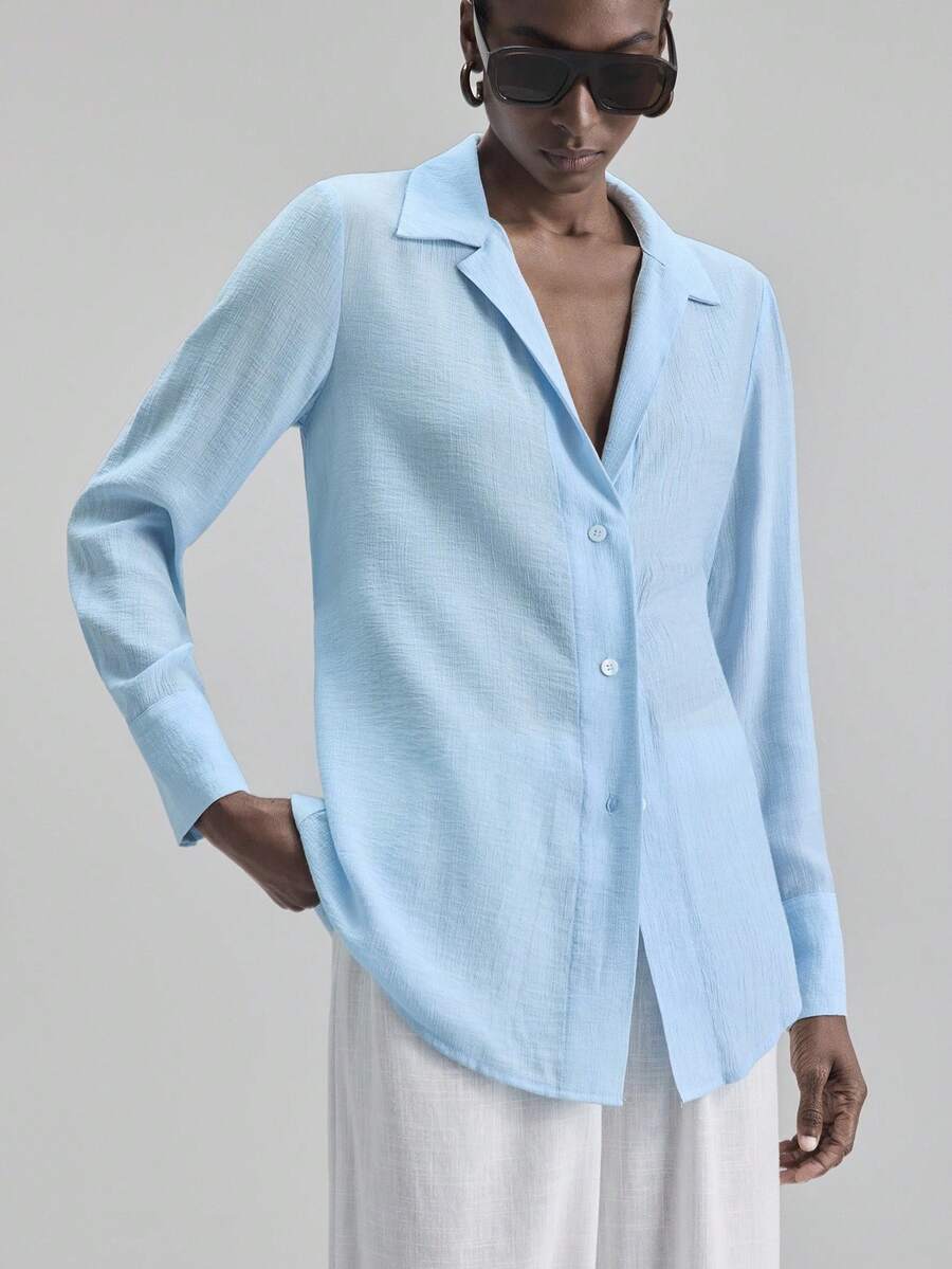 Ontre Women's Blue Collar Long Sleeve Shirt, Minimalist Fashion Urban Business Casual Blouse For Office, Island Resort & Outdoor Wear - Blue - View 1