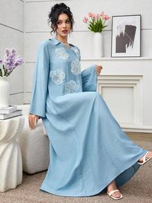 SHEIN Najma 女式宽松长袖蓝色阿拉伯风格串珠花卉连衣裙 - 藍色 - 查看 3