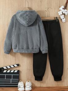 男童休闲羊毛连帽卫衣套装，适合秋冬季上学和休闲穿着 - 彩色 - 查看 2