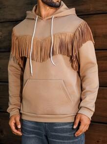 Manfinity Nomadique Men's Fringe Trim Drawstring Hooded Pocket Long Sleeve Casual Sweatshirt Western Hoodie Fringe Hoodie Mens Hoodie, Western Hoodies Men, Light Brown Hoodie, Fringe Hoodie, Western Clothes