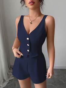 Selianne 杏色休闲通勤纯色前扣开衩下摆上衣+短裤两件套女装 - 藏蓝色 - 查看 7