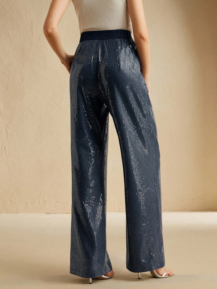 Women's High Waist Pockets Wide Leg Loose Sequin Pants, Fashion & Modern