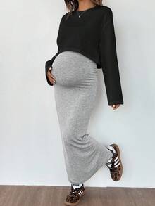 SHEIN 秋季服装，秋季服装，孕妇装秋季服装孕妇插肩袖上衣搭配纯色修身孕妇装，两件套秋季服装孕妇裙灰色裙子孕妇装孕妇装孕妇装孕妇装灰色孕妇裙 - 黑色 - 查看 3