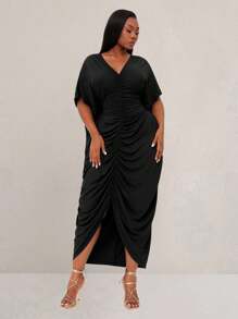 SHEIN SXY 大码女式春夏优雅性感纯色褶皱前开衩下摆聚拢连衣裙，适合日常穿着、音乐节、音乐会 - 黑色 - 查看 5