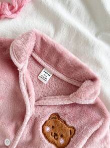 2 件套女婴毛绒熊刺绣长袖开衫上衣和裤子舒适睡衣套装